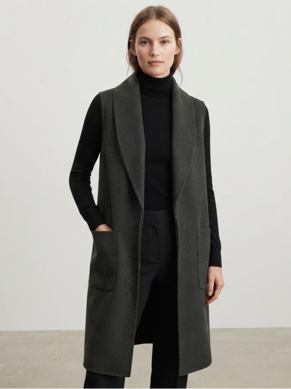 Joie Olive Green Shawl Collar Long Vest Open Front Trench Coat Size S / P
